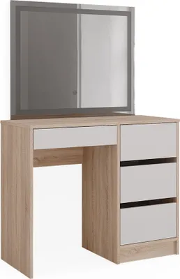 A vanity table with a mirror and drawers, shown against a white background.