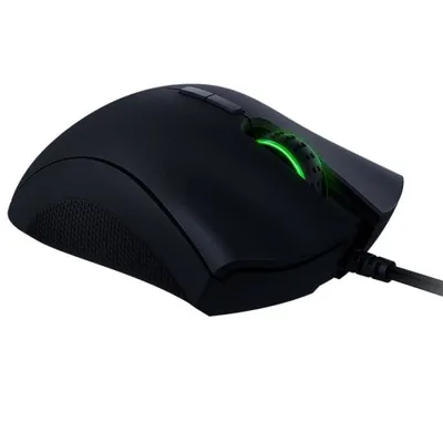 A black gaming mouse with green LED accents is shown on a white background.