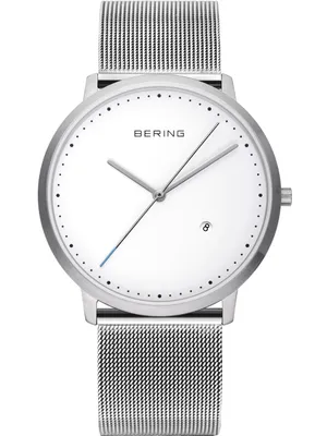 A close-up, front-facing studio shot of a Bering men's watch with a white dial and a silver mesh strap.