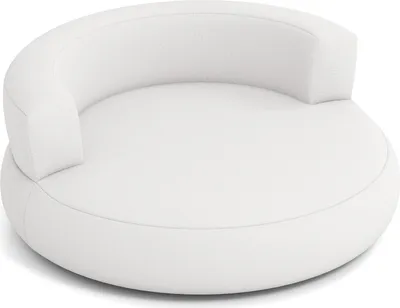 A white, round, inflatable sofa with a curved backrest and wide armrests, presented on a white background.