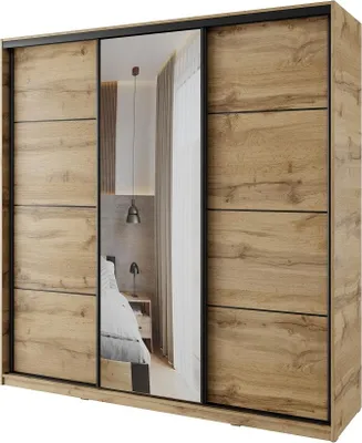 Obrázek produktu pro Šatní skříň NEJBY BARNABA 200 cm s posuvnými dveřmi, zrcadlem,4 šuplíky a 2 šatními tyčemi,dub wotan