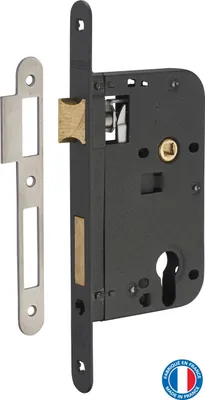 Image de Boitier de serrure encastrable à cylindre pour porte d'entrée, axe 60mm, bouts ronds, noir - THIRARD