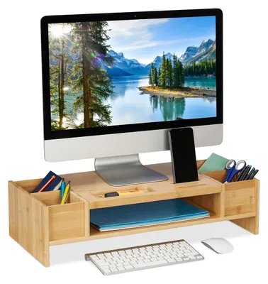 Produktbild von Monitorerhöhung Bildschirmerhöhung Monitorständer - Bambus - Naturfarben - 15,5 x 62,5 x 28 cm - Mit Ablage für Stifte - Für Büro und Homeoffice