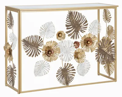 Immagine prodotto di Console Glam Floris 113x40x80 cm - Mobile d'ingresso in metallo dorato e piano a specchio con decorazioni floreali - Stile Luxury Moderno