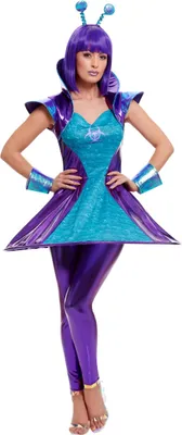 A woman wearing an alien costume.