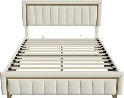 Image de Lit avec sommier tapissé - Lit double 140x200 cm - Coffre de lit avec système hydraulique - Structure en bois avec sommier à lattes - Tête de lit revêtue de velours - Beige