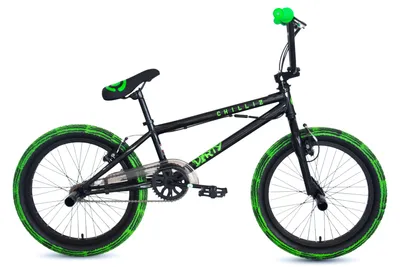 A black and green BMX bicycle is shown against a white background.