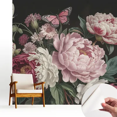 Obrázek produktu pro Samolepicí fototapeta – 250 x 250 cm – tapeta – nástěnná tapeta – nástěnné obrazy – samolepicí fólie – dekorativní fólie – tapetová fólie – stěna – dekorace – obývací pokoj – pivoňky a motýli