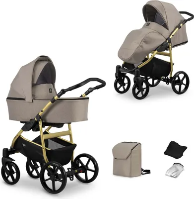 Produktbild von Kinderwagen MATA Sportwagen Babywagen Babyschale Komplettset Kinder Wagen Set 2 in 1 (mocca, Rahmenfarbe: Gold)