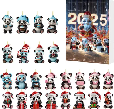 A collage of panda-themed Christmas ornaments and an advent calendar.