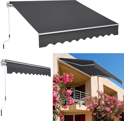 A collage of images showing a retractable awning, one on a white background and another installed on a balcony with flowers.