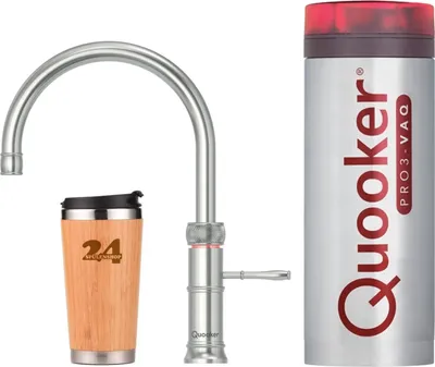 Produktbild von »QUOOKER CLASSIC FUSION Round VAQ PRO3 Edelstahl & 100°C Armatur (3CFRRVS)«  Spültischmischer mit 100°C Kochendwasserfunktion Inklusive Thermobecher