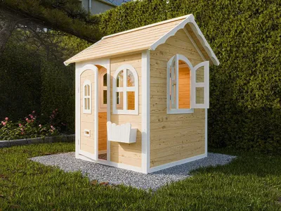 Produktbild von Spielhaus Melina natur-weiß aus Zedernholz, modernes Design, mit Fenstern und Blumenkasten