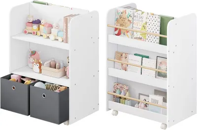 Produktbild von Kinderbücherregal auf Rollen mit Aufbewahrungsbehältern 2-in-1 | Weiß | 62,5x40x82,5cm
