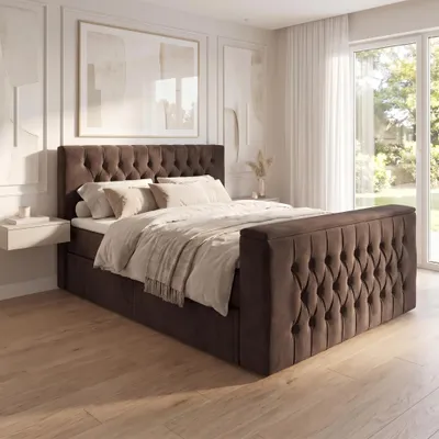 Produktbild von ELVORA DESIGNE Boxspringbett 180x200 cm HORIZON mit Bonellmatratze H3 & Topper, 2 Schubladen, Dunkelbraun