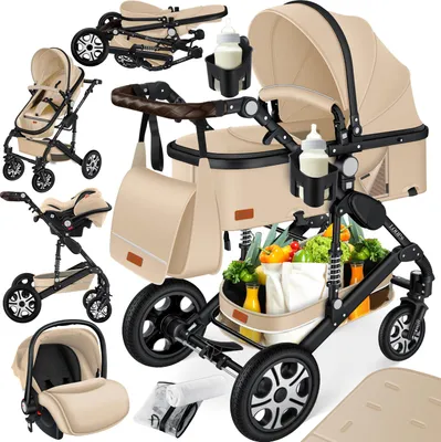 A collage of different components and configurations of a baby stroller system, including the stroller frame, bassinet, car seat, and accessories like a diaper bag and bottle holders.