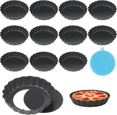 Zdjęcie produktu dla 12 sztuk foremek do ciasta o średnicy 10 cm, z odpinanym dnem, powłoką antyprzywierającą, małe foremki do quiche i ciast, zestaw okrągłych foremek