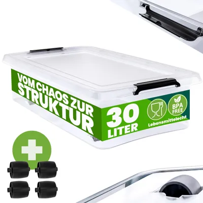 Produktbild von DEUBA® Aufbewahrungsboxen 30l mit Deckel und Rollen, stapelbar, transparent Kunststoff BPA-frei Klickverschluss, RB60 für Büro, Garage, Waschraum