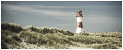 Produktbild von Wallario Wandbild aus Acryl, 125 x 50 cm, freischwebende Optik - Leuchtturm auf der Düne am Strand