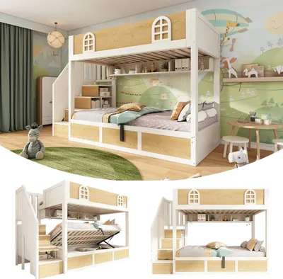 Obrázok produktu pre Detská poschodová posteľ 90x200 cm so schodiskovou skriňou a úložným priestorom, poschodová posteľ v bielej a prírodnej farbe s bezpečnostným zábradlím a roštom, bez matraca