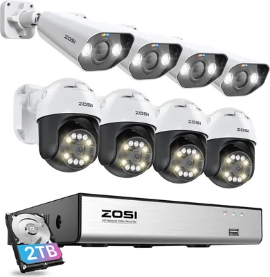 Produktbild von ZOSI 5MP PoE Überwachungskamera Set Aussen, 4X 5MP Bullet und 4X Schwenkbar Dome IP Kameras, 8CH 4K 2TB HDD NVR, Auto-Tracking, Personen-/Fahrzeugerke