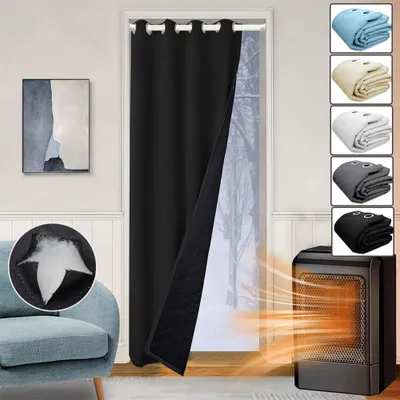 Produktbild von Dicke Schwere Blickdichte Gardinen mit Ösen Wärmeisolierend Kälteschutz Türvorhang Winter Wasserdicht Winddicht Vorhang für Schlafzimmer Tür Schwarz 110x203cm