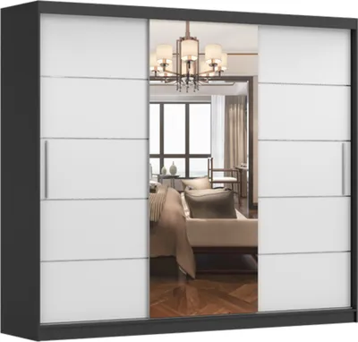 Produktbild von Kleiderschrank mit Spiegel Schwebetürenschrank mit 3-türig,  Wohnzimmerschrank,  3-türig Schrank mit vielen Einlegeböden und Kleiderstange Gaderobe Schiebtüren Schlafzimmer - 250x218x61 cm - ELBA I Schwarz + Weiß