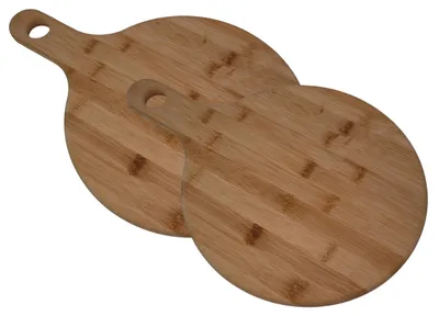 Produktbild von hausleben Pizzateller 2er Set Holz 25,5 cm – Rundes Pizzabrett mit Griff aus Bambus – Kleines Servierbrett & Küchenbrett für Tapas, Käse & Frühstück – Langlebig