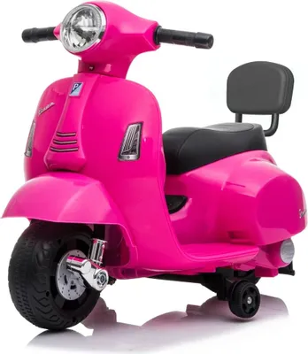 A pink children's electric scooter designed to resemble a Vespa.