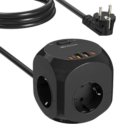 Produktbild von Steckdosenwürfel mit USB – Mehrfachsteckdose (4-fach) mit Schalter – Verlängerungskabel mit 2 USB-A- und 2 USB-C-Anschlüssen