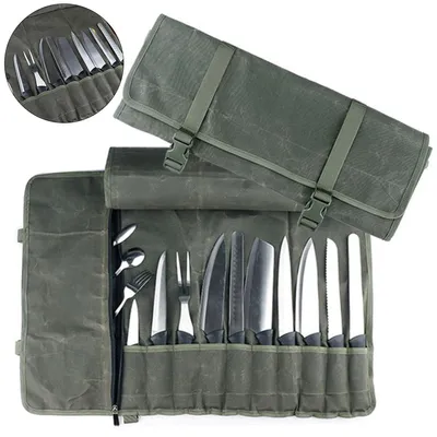 Produktbild von Kochmesser-Rolltasche aus 16oz gewachstem Canvas, 11 Fächer, wasserdicht & robust, tragbare Messertasche für Profiköche & Outdoor, Armeegrün