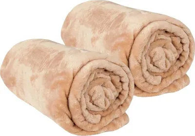 Two rolled-up beige blankets are shown against a white background.