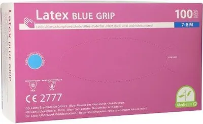 Produktbild von Medi-Inn Latex blue grip Einmalhandschuhe blau puderfrei (Größe: M, 10 x 100 = 1000 Stück)