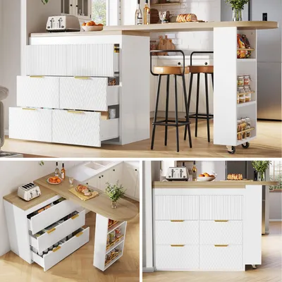 Produktbild von Bartisch Stehtisch, 6 Schubladen, Küchenbuffet, Kippsicherung, Weiß, MDF