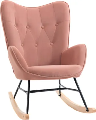 Image de Fauteuil à bascule Fortuna Lai pour chambre à coucher ou salon, dossier haut, structure en acier, polyester velours, bois de caoutchouc, 84 x 70 x 96 cm, rose