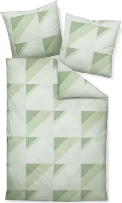A flat lay of a duvet cover and two pillowcases with a geometric triangle pattern in shades of green and white.