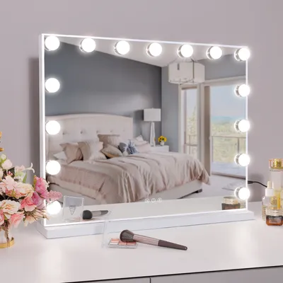 Obrázek produktu pro VANITII Hollywoodské kosmetické zrcadlo 58 cm x 46 cm s osvětlením 15 stmívačů 3 světelné režimy kosmetické zrcadlo pro koupelnový toaletní stolek bílé barvy