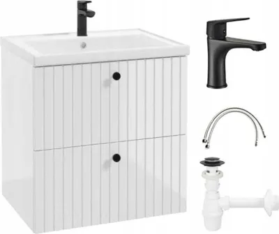 Produktbild von Lamella Badezimmerschrank mit Waschbecken 60 cm Set Wasserhahn + Siphon weiß Rietti
