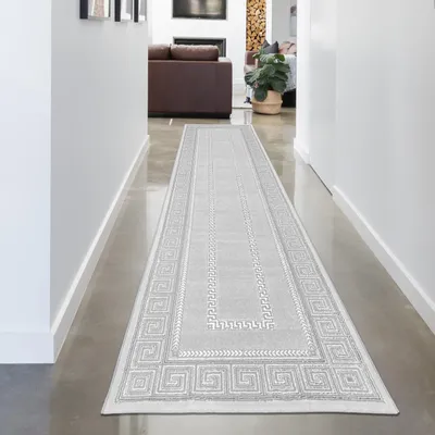 Zdjęcie produktu dla Designerski dywan do salonu wzór meander szary czarny rozmiar - 80 x 300 cm