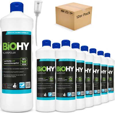 Produktbild von BiOHY Klarspüler (12x1l Flasche) + Dosierer | Ökologisches Hochkonzentrat | Geeignet für alle (gewerblichen) Spülmaschinen, für unschlagbaren Glanz auf Gläsern & Geschirr |logisch abbaubar