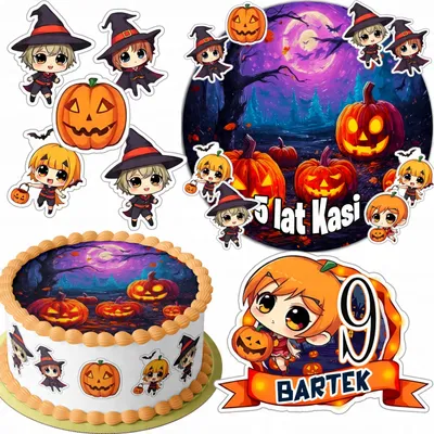 Zdjęcie produktu dla Zestaw Opłatek Na Tort 20Cm + 16 Postaci - Halloween + Imię 15Cm 18Cm