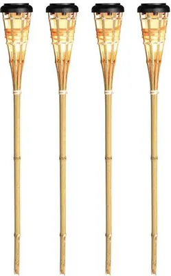 Produktbild von 4er Set Solar LED Bambus Gartenfackel | warm-weiß beleuchtet mit Flammeneffekt | ca. 77 cm hoch | 1.500 mAh Akku