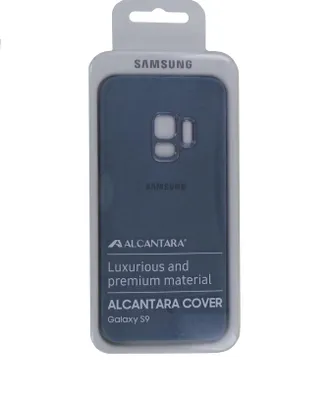 The image shows the packaging of a Samsung Alcantara cover for a Galaxy S9 phone.