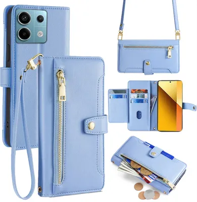 Produktbild von Handykette Xiaomi Hülle mit Band Handyhülle Kartenfächer Kunstleder Umhängetasche Redmi Note 13 4G Hellblau