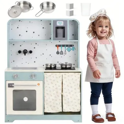 Produktbild von Kinderküche aus Holz mit Eiserzeuger und Mikrowelle, Spielküche mit Zubehör, Kinderküche ab 3 Jahren, Blau, 60 × 29 × 81 cm