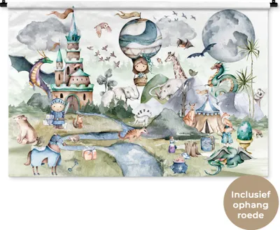 Produktbild von MuchoWow® Wandteppich Wandbehang Kinder - Heißluftballon - Drache - Jungen - Burg - Aquarell 120x80 cm Tapisserie Dekoration Wandtuch - Wanddekorationen - Wandtücher