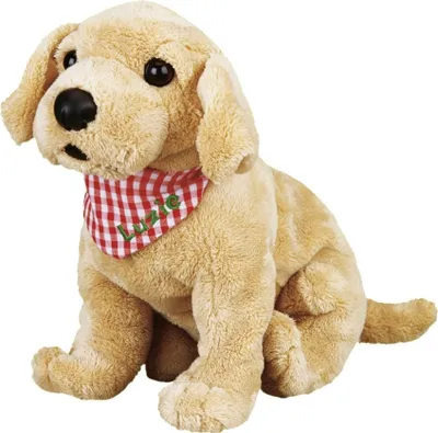 A plush toy Labrador puppy wearing a red and white checkered bandana with the name 'Luzie' embroidered in green.