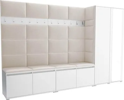 Produktbild von Garderoben-Set Noris V mit Spiegel, gepolsterte Garderobe 290 cm, Flurmöbel mit Wandpaneelen, 12 Haken und Schrank (Farbe: Weiß + Trinity 01)