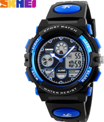 A close-up studio shot of a black and blue digital sports watch for children.