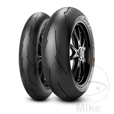 Two motorcycle tires are displayed on a white background.